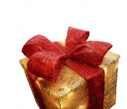 Geschenk in goldenem Papier mit roter Schleife.